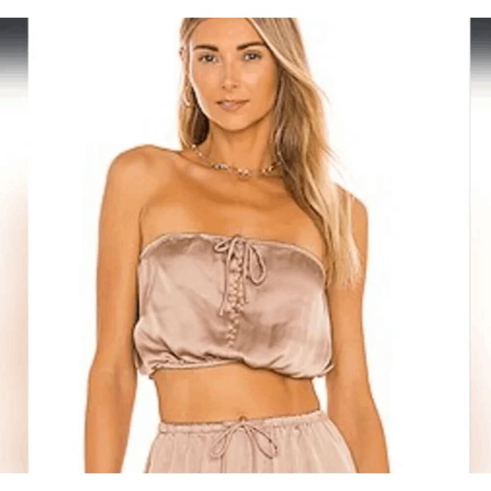 Majorelle Kassie Top Strapless Satin Tube Top‎ Keyhole Drawstring Taupe Small